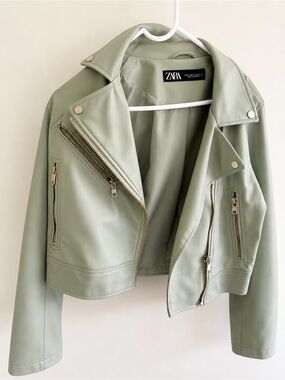 NWOT ZARA Sage Green Vegan Faux Leather Moto Jacket